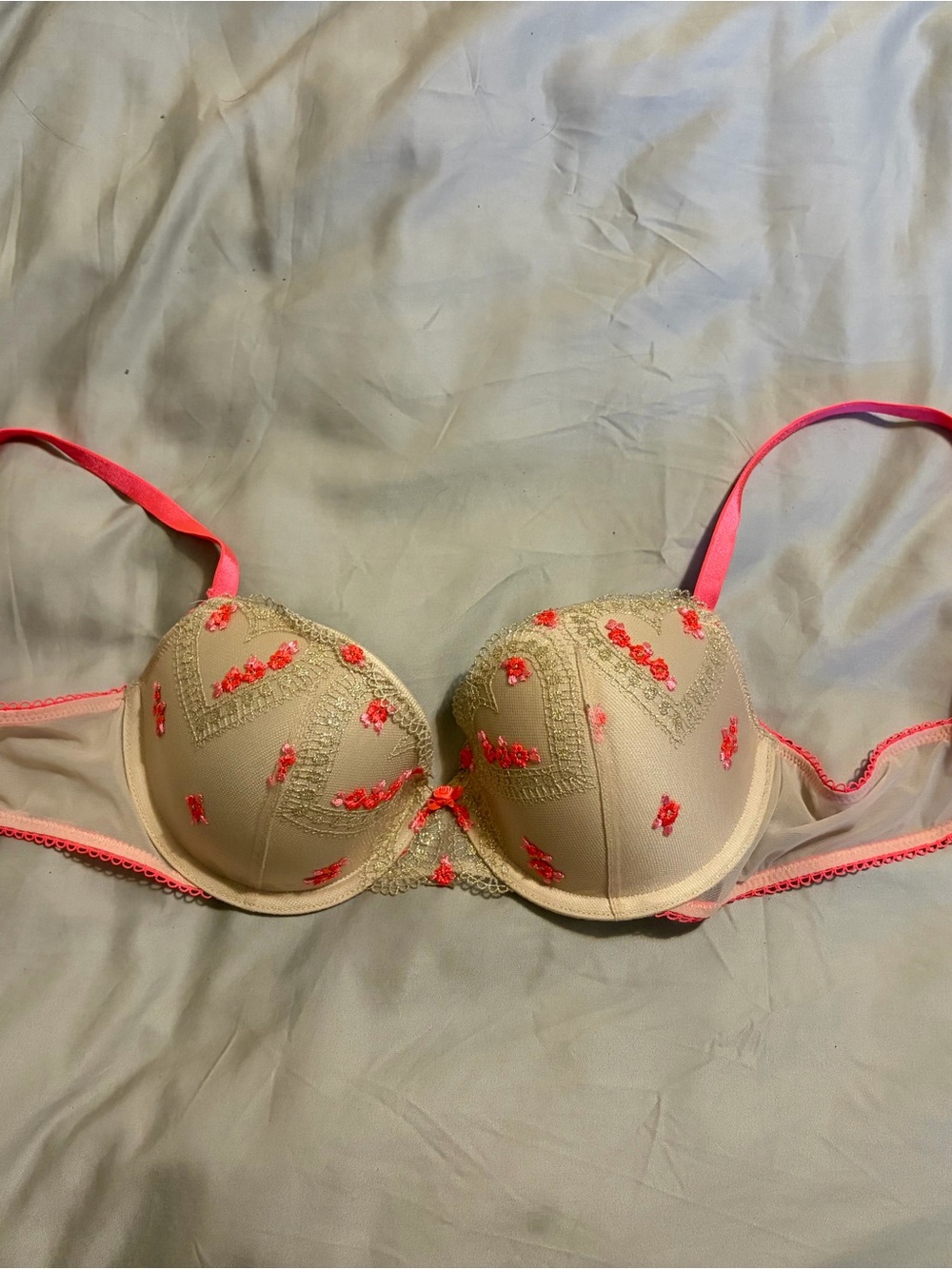 Beige & Pink Embroidered Push-Up Bra - Women Intimates